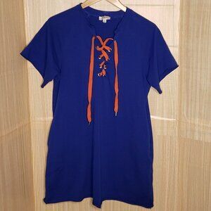 Umgee Womens Blue Short Sleeve Shirt Dress Lace Up Detail Medium